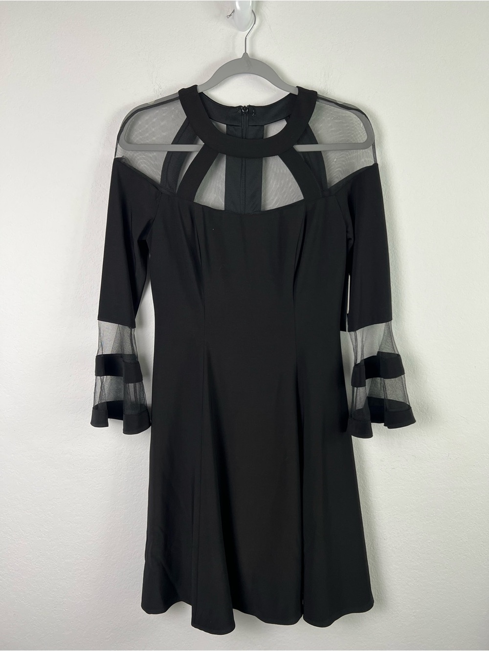 Betsy & Adam Black High Collar Bell Sleeve Mesh Detail A-line Evening Dress